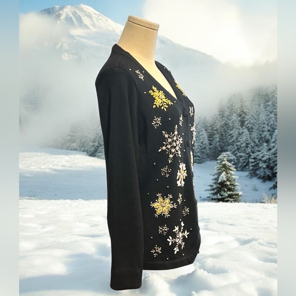 Vintage Victoria Jones Holiday Black Cardigan Sweater Size Small. - Picture 3 of 7